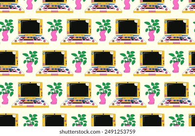 Nahtloses Muster mit Retro-Laptop-Ästhetik der 90er-00er Jahre. Vektorgrafik Hintergrund mit einem Vintage-Laptop für Schulkinder mit Aufklebern im Y2K-Stil bedeckt.