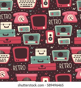 Seamless Pattern with Retro Media Elements. Vector Background of TV, Photo camera, Radio recorder, Phone and etc.