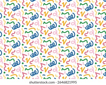 Seamless pattern in a retro Memphis style. Colorful abstract background with geometric shapes, squiggles, and confetti for party invitations or wrapping paper.
