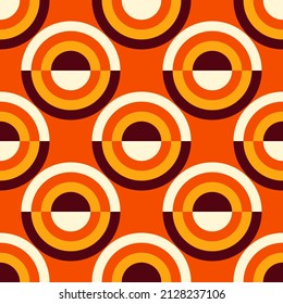 Seamless pattern in retro mid-century modern style with circles. Vector wallpaper in brown, orange, red colors. Vintage vector design.	