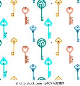 Seamless Pattern retro and modern Key vector illustration. Vector illustration of antique and modern keys with different figures and shapes. Different colors of keys. 