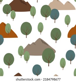 Seamless pattern with retro mountains and trees, Digital paper with hills, Endless backgrounds, Groovy vector illustration clipart.