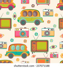 Seamless pattern of retro multicolor cars, transistor radio, camera and flowers.