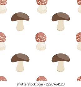 Seamless pattern with retro mushrooms. Edible and fly agaric magic mushrooms. Cartoon baby nursery background