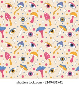 Seamless pattern with retro mushrooms, eyes and sparkles. Summer simple minimalist flowers. 70 s style plants. Yellow spring daisy. Colorful background. Vector illustration