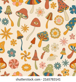 Seamless pattern with retro mushrooms and flowers. Magic mushroom, fly agaric, daisy. Retro 70s 60s psychedelic groovy mushroom. Vintage boho illustrations.  Hippie background for wallpaper, fabric.