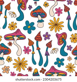 Seamless pattern with retro mushrooms and flowers. Seamless woodland mushroom pattern. Magic mushroom, fly agaric, daisy. Retro 70s 60s psychedelic groovy mushroom. Vintage boho illustrations. 