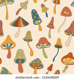 Seamless pattern with retro mushrooms. Magic mushroom, fly agaric. Retro 70s 60s psychedelic groovy mushroom. Vintage boho illustrations.  Hippie background for wallpaper, fabric.