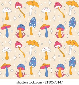 Hongos retro con sonrisas. Ilustración vectorial. Patrón sin foco.