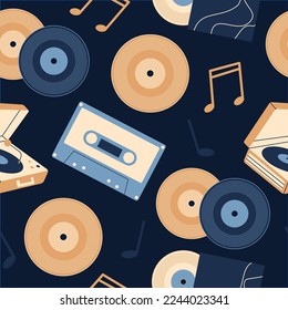 Seamless pattern with retro music players and cassette recorder, tape, jukebox, boombox. Set of vintage audio devices - turntable, vinyl record. Flat vector illustration isolated on black background