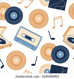Seamless pattern with retro music players and cassette recorder, tape, jukebox, boombox. Set of vintage audio devices - turntable, vinyl record. Flat vector illustration isolated on white background