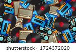 Seamless pattern of retro old hipster music audio cassette players and tape recorders vinyl records and radio from the 70s, 80s, 90s, 2000s, background.