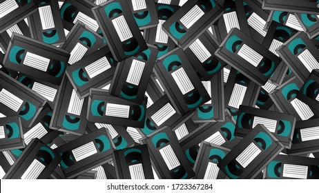 Seamless pattern of retro old hipster video cassettes for watching movies from the 70s, 80s, 90s, 2000s, background.