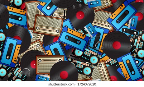 Seamless pattern of retro old hipster music audio cassette players and tape recorders vinyl records and radio from the 70s, 80s, 90s, 2000s, background.