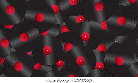 Seamless pattern of retro old hipster musical audio vinyl records from the 70s, 80s, 90s, 2000s, background.