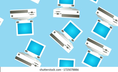 Seamless pattern of retro old hipster computers from the 70s, 80s, 90s, 2000s on a blue background.