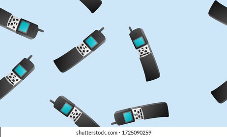 Seamless pattern of retro old hipster cell mobile phones from the 70s, 80s, 90s, 2000s on a blue background.