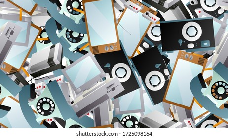 Seamless pattern of retro old hipster electronic devices technology computers cassettes tape recorders mobile phones from the 70s, 80s, 90s, 2000s, background.