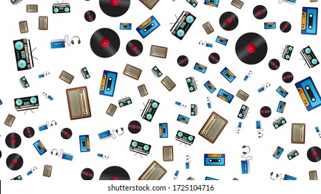 Seamless pattern of retro old hipster music audio cassette players and tape recorders vinyl records and radio from the 70s, 80s, 90s, 2000s on a white background.