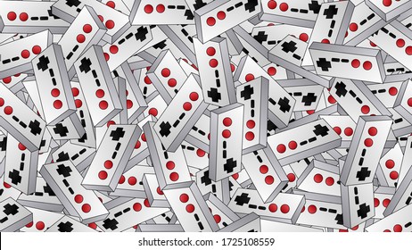 Seamless pattern of retro old hipster video game consoles texture from the 70s, 80s, 90s, 2000s on a blue background.