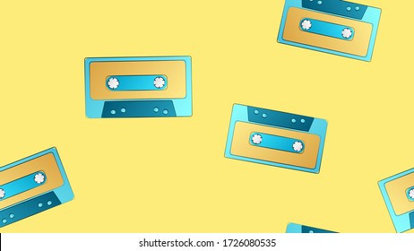 Seamless pattern of retro old hipster musical audio cassettes texture from the 70s, 80s, 90s, 2000s on a yellow background.