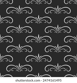 Seamless Pattern with Retro Ornamental Monochrome Decorative Scrolls, Swirls. Vector Illustration