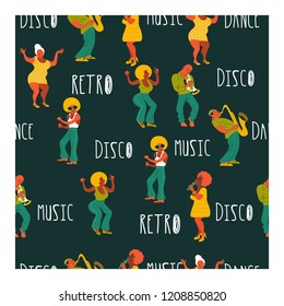 Seamless pattern. Retro party. Retro musicians, dancers and singers. Disco, rock and roll, musicians playing the trumpet and saxophone.  Jazz singer. Vector illustration.