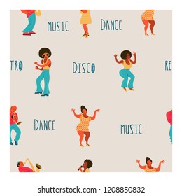 Seamless pattern. Retro party. Retro musicians, dancers and singers. Disco, rock and roll, musicians playing the trumpet and saxophone.  Jazz singer. Vector illustration.