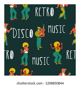 Seamless pattern. Retro party. Retro musicians, dancers and singers. Disco, rock and roll, musicians. Vector illustration.