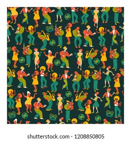 Seamless pattern. Retro party. People dance rock and roll. Musicians play saxophone and trumpet. Jazz singer. A large set of characters in the style of 70-80 years.