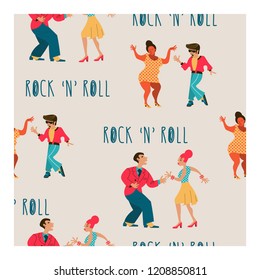 Seamless pattern. Retro party. People dance rock and roll. Stylish vintage illustration.