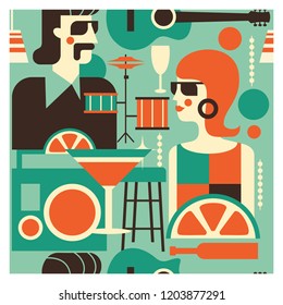 Seamless pattern. Retro party poster. Vector illustration in retro style. People dressed in the fashion of 60-70 years. Men and women in the bar with drinks. Musical instruments, vinyl discs.