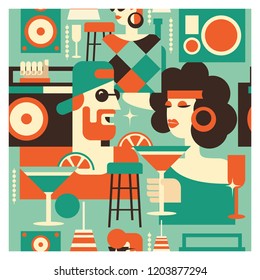  Patrón sin problemas. Afiche del Partido Retro. Ilustración vectorial en estilo retro. Gente vestida a la moda de 60-70 años. Hombres y mujeres en el bar con bebidas. Instrumentos musicales, discos de vinilo.