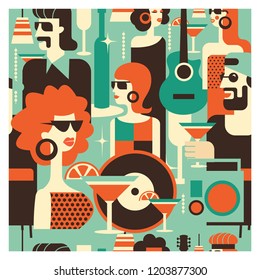 Seamless pattern. Retro party poster. Vector illustration in retro style. People dressed in the fashion of 60-70 years. Men and women in the bar with drinks. Musical instruments, vinyl discs.
