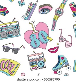 Seamless pattern with retro patch badges with roller skates, cassette players, sun glasses and other items.Vector background with cool elements in colorful  doodle 80s-90s comic style.