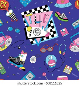 Seamless pattern with retro patch badges with roller skates, cassette players, sun glasses and other items in colorful doodle 80s-90s comic style.