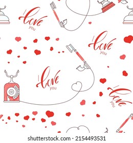 Seamless pattern with Retro Phone isolated on white background. Vintage Telephone in outline modern design. Flat Art Vector Illustration