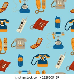 Seamless pattern of retro phones. Electronic modern wireless and vintage wired gadgets of different generation. Hand drawn vector illustration isolated on blue background. Modern flat cartoon style.