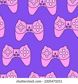 Seamless pattern with retro pink computer game joysticks in retrowave aesthetic. Vector nostalgic background in y2k, 00s, 90s concept