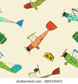 Seamless pattern with retro planes and bags in cartoon style on beige background.