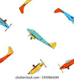 Seamless pattern with retro planes in cartoon style on white background.