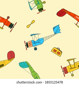 Seamless pattern with retro planes and luggage in cartoon style on beige background.