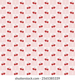 Seamless pattern Retro Playful Coquette. Pattern Red Cherries with Ribbon bow vector hand drawing 