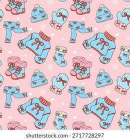 Seamless pattern retro preppy coquette Cozy Winter trendy blue and red aesthetics hand drawn cartoon background for wrapping paper or fabric printable