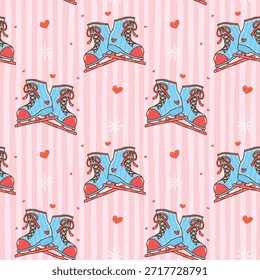 Seamless pattern retro preppy coquette Cozy Winter Valentine Ice Skating Shoes trendy blue and red aesthetics hand drawn cartoon background for wrapping paper or fabric printable