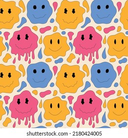 Seamless pattern with retro psychedelic smile. Summer simple minimalist. 70 s style vintage smiley face. Colourful background with smiles. Vector illustration. 1970 good vibes. 