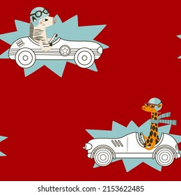 Seamless pattern with retro race car and animal on red background. Racing park digital background with vector hand drawn elements. Seamless pattern for kids fabric and scrapbook paper.