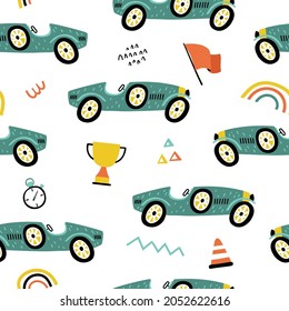 Seamless pattern with retro racing cars in hand drawn style. Great for textiles, stickers, cards, poster, wallpaper, wrapping paper. Isolated on white background vector