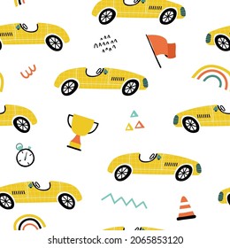 Seamless pattern with retro racing cars in hand drawn style. Great for textiles, stickers, cards, poster, wallpaper, wrapping paper. Isolated on white background vector