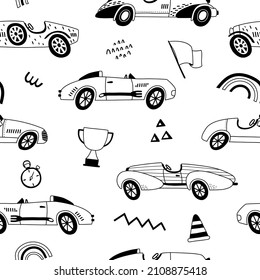 Seamless pattern with retro racing cars in hand drawn style. Outline hand drawing. Great for textiles, stickers, cards, wallpaper, wrapping paper. Isolated on white